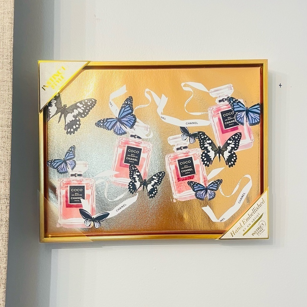 Chanel Coco Mademoiselle butterfly gold framed wall art